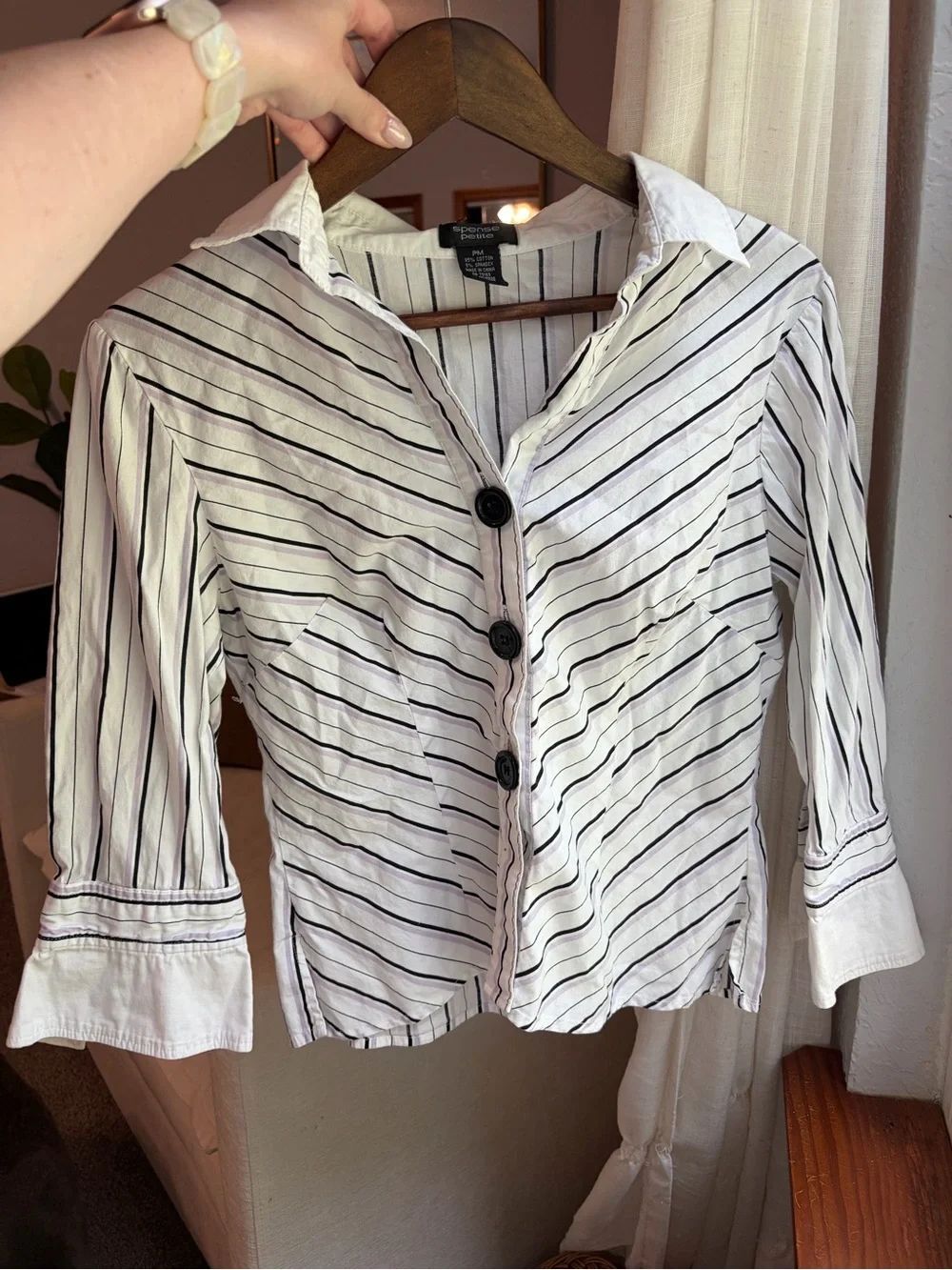 Vintage White and Black Striped Button-Front Shirt